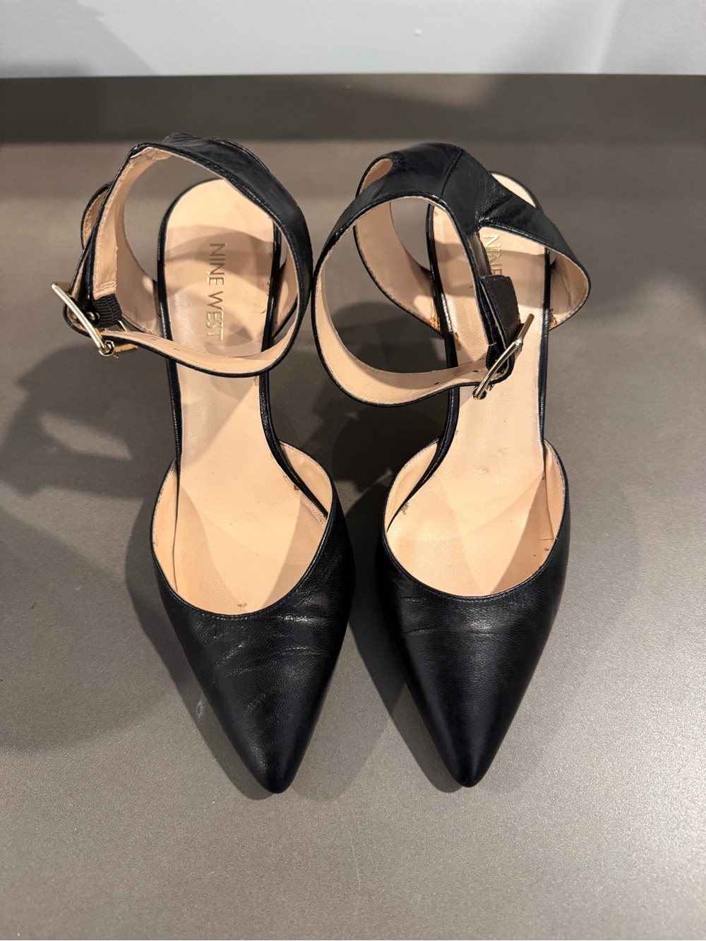 Nine West Black Pointed Ankle-Strap Pumps with Gold Buckle